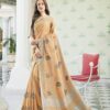 Summer Special Peach Color Linen Cotton Festive Wear Saree With Embroidery