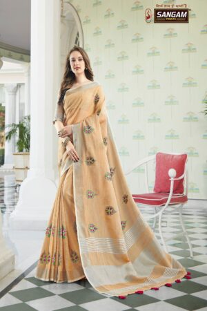 Summer Special Peach Color Linen Cotton Festive Wear Saree With Embroidery