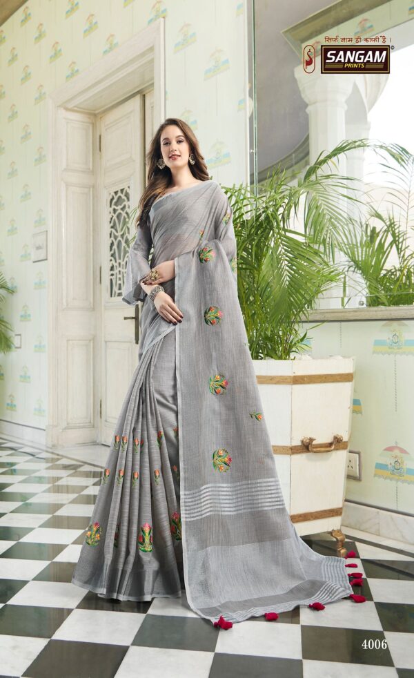Summer Special Grey Color Linen Cotton Festive Wear Saree With Embroidery