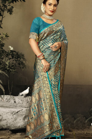 Gleaming Sky Blue Color Satin Silk Saree