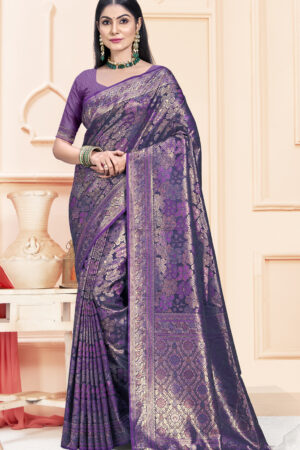 Dazzling Lavender Color Satin Silk Saree