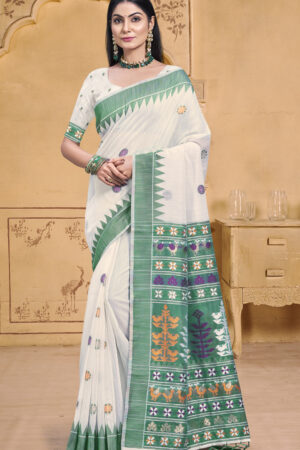 Majestic Cream And Teal Color Soft Cotton Saree