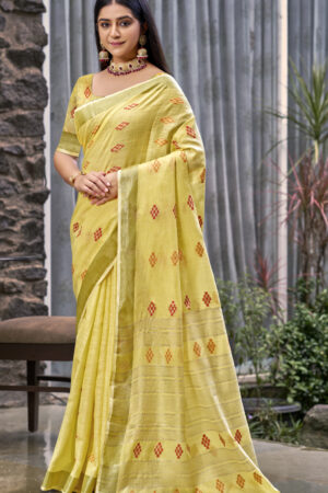Gorgeous Yellow Color Soft Linen Saree