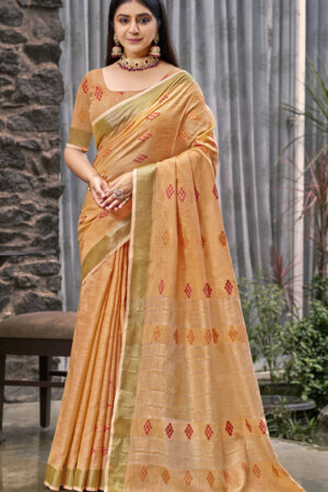 Gorgeous Orange Color Soft Linen Saree