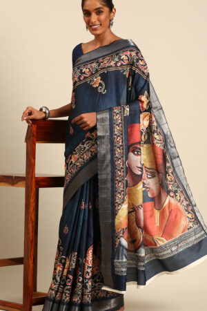 Amazing Dark Blue Color Cotton Printed Saree