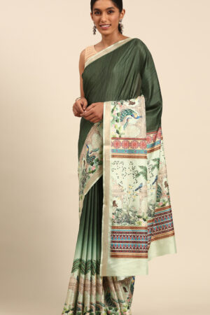 Vibrant Green Color Cotton Digital Printed Saree