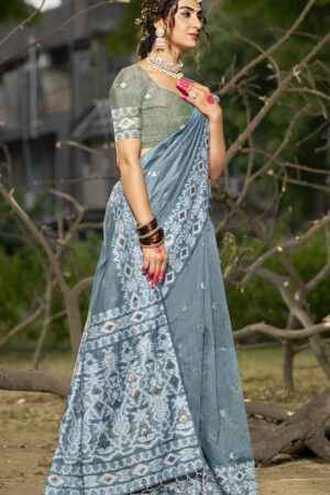 Dazzling Grey Color Linen Cotton Saree