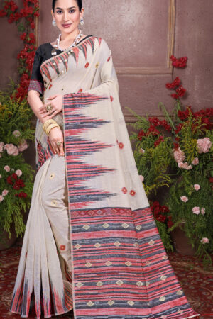 Alluring Cream & Multi Cotton Saree