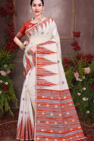Alluring Cream & Red Cotton Saree