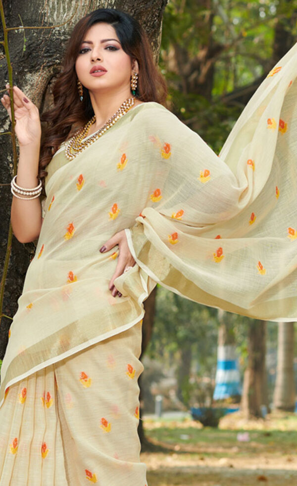 Casual Cream Color Linen Saree - Image 2