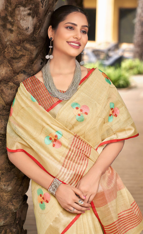 Splendid Cream Color Linen Saree - Image 2