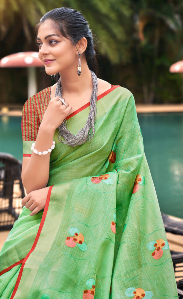 Splendid Green Color Linen Saree - Image 2