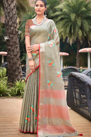 Splendid Grey Color Linen Saree