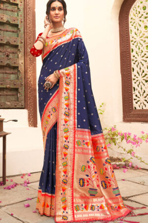Traditional Navy Blue Color Paithani Silk Saree