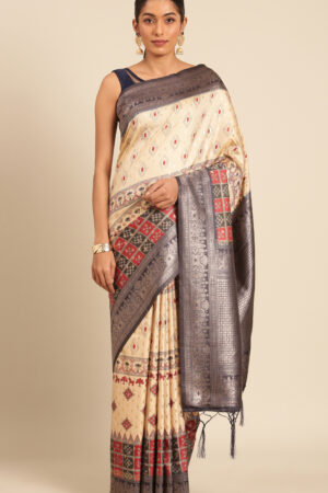 Traditional Printed Cream Color Cotton Saree