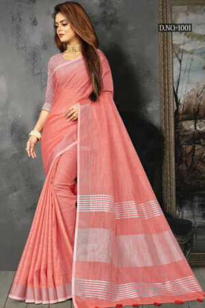 Uniform Peach Color Linen Saree