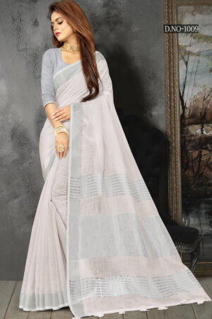 Uniform Off White Color Linen Saree