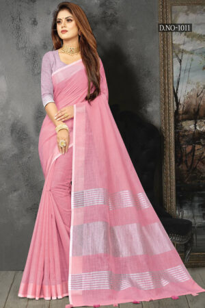 Uniform Light Pink Color Linen Saree