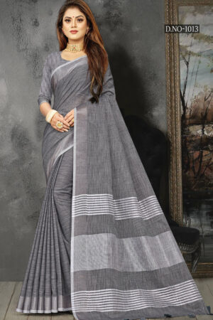 Uniform Dark Grey Color Linen Saree
