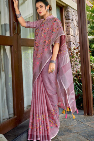 Compelling Purple Color Linen Saree