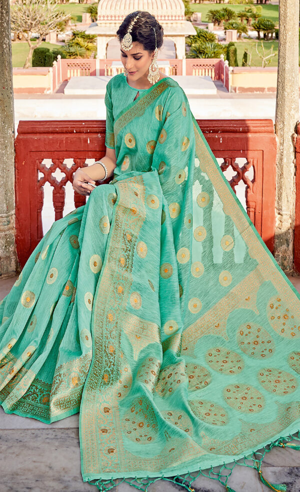 Special Turquoise Color Linen Saree