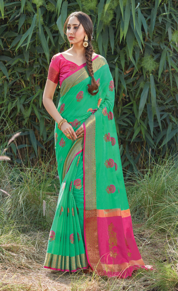 Casual Wear Rama Cotton Saree With Floral Weaving