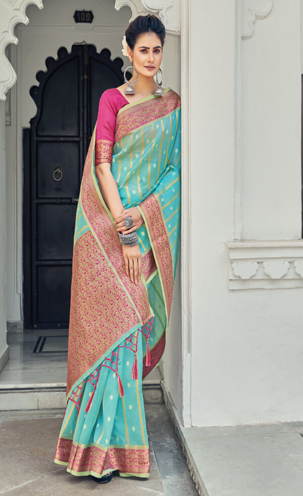 Designer Firozi Color Organza Saree